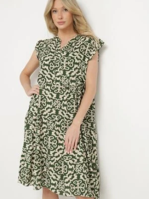 Zielona Bawełniana Sukienka o Rozkloszowanym Kroju w Ornamentalny Wzór Zalimea defox