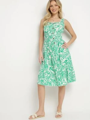 Zielona Bawełniana Sukienka Rozkloszowana Ozdobiona Guzikami Lisavena defox