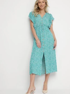 Zielona Bawełniana Sukienka Rozkloszowana w Cętki z Ozdobnymi Guzikami Alulune defox