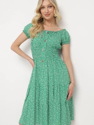 Zielona Bawełniana Sukienka w Drobne Kwiaty z Gumkami w Talii Fielita defox