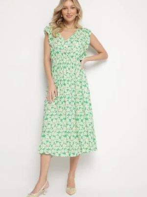 Zielona Bawełniana Sukienka w Kwiatki o Rozkloszowanym Kroju z Gumką Alanilia defox