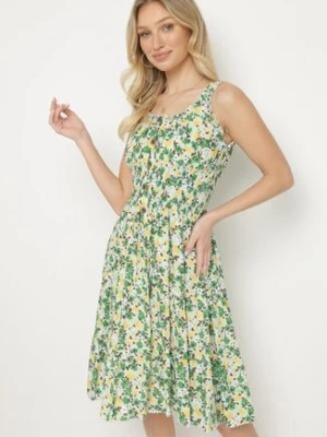 Zielona Bawełniana Sukienka w Kwiatki o Rozkloszowanym Kroju z Guzikami Zirana defox