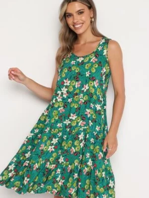 Zielona Bawełniana Sukienka w Kwiaty na Ramiączkach Grenatia