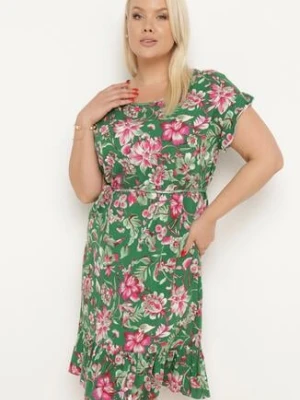 Zielona Bawełniana Sukienka w Kwiaty o Pudełkowym Fasonie ze Sznurkiem w Talii Risallise generation