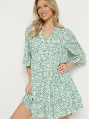 Zielona Bawełniana Sukienka w Kwiaty o Rozkloszowanym Kroju Jenaleira defox