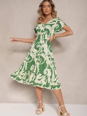 Zielona Bawełniana Sukienka z Abstrakcyjnym Motywem i Guzikami Talivea defox