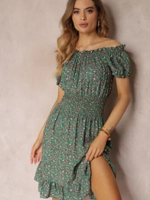 Zielona Bawełniana Sukienka z Gumką w Talii o Fasonie Hiszpanki Jazmi defox