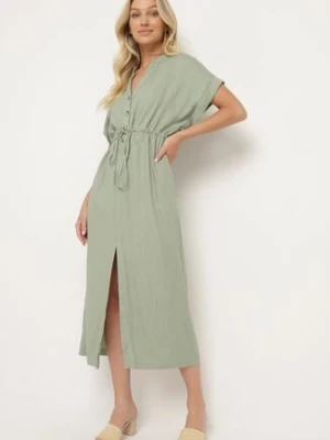 Zielona Bawełniana Sukienka z Koszulową Górą i Ściągaczem w Talii Vikleta melya by melody