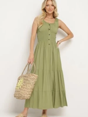Zielona Bawełniana Sukienka z Ozdobnymi Guzikami i Gumką w Talii Cravia