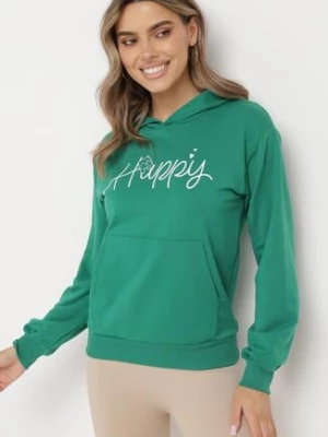 Zielona Bluza z Kapturem Napisem i Kangurkową Kieszenią Adrippa
