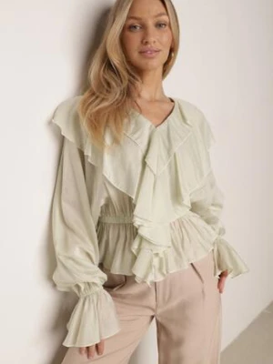 Zielona Bluzka Elegancka z Falbanami z Rozszerzanymi Rękawami Irintora retro & icone