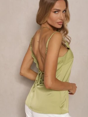 Zielona Bluzka na Regulowanych Ramiączkach Zdobiona Koronką i Wiązaniem Desionis elsa.m by may