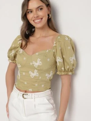 Zielona Bluzka Ozdobiona Haftami w Kokardki z Bufiastymi Rękawami Eframara rosa