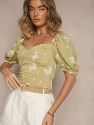 Zielona Bluzka w Hafty-Kokardki z Bufkami w Ramionach Efravina rosa