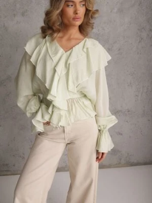 Zielona Bluzka w Typie Boho Ozdobiona Falbanami Sarlyss retro & icone