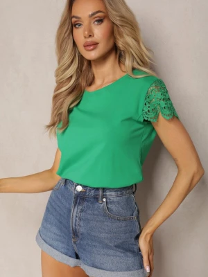 Zielona Bluzka z Bawełny Ozdobiona Koronkowymi Wstawkami i Cekinami Trisenia Fashion