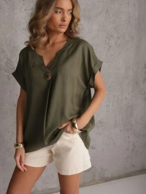 Zielona Bluzka z Lnem i Wiskozą o Nietoperzowym Kroju z Krótkim Rękawem Herira rosita