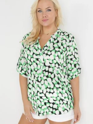 Zielono-Biała Bluzka z Trójkątnym Dekoltem w Fantazyjny Print Anola
