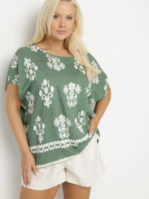Zielona Bluzka z Wiskozy we Wzór w Stylu Boho Lunaseia