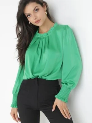 Zielona Bluzka z Wiskozy ze Stójką i Bufiastymi Rękawami Acanthielle wei wei