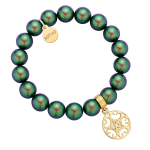 Zielona bransoletka z pereł SWAROVSKI® CRYSTAL ze złotą okrągłą rozetką SOTHO