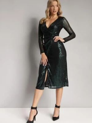 Zielona Cekinowa Sukienka Midi z Kopertowym Dekoltem i Wiązaniem Hadora by swan