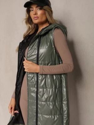 Zielona Długa Kamizelka Pikowana z Naszywką i Kapturem Mevianis swest