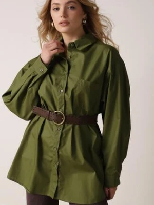 Zielona Długa Koszula Oversize z Bawełny i Wiskozy z Paskiem z Klamrą Thessalonike