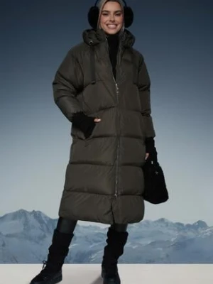 Zielona Długa Kurtka Pikowana Płaszcz na Zamek z Kapturem Lesea j.style