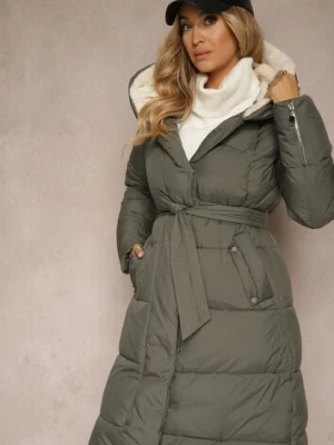 Zielona Długa Kurtka Pikowana z Kapturem Wiązana w Pasie Neanethra rosse line