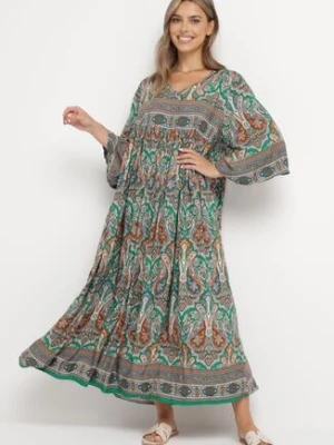 Zielona Długa Sukienka Rozkloszowana z Rękawami 3/4 we Wzór Paisley Amarethia
