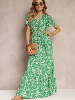 Zielona Długa Sukienka w Kwiaty z Gumką w Talii z Wiskozy Lydiza m&d fashion