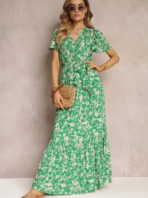 Zielona Długa Sukienka w Kwiaty z Gumką w Talii z Wiskozy Lydiza M&d Fashion