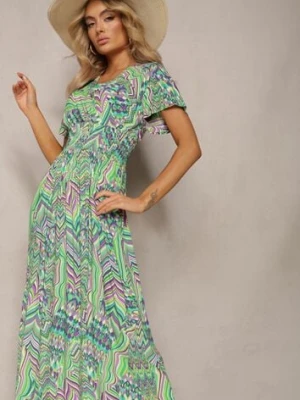 Zielona Długa Sukienka z Kopertowym Dekoltem i Gumką w Pasie z Wiskozy Eriselle cflo