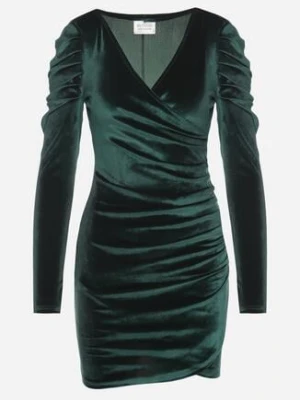 Zielona Dopasowana Kopertowa Sukienka z Weluru z Bufiastymi Rękawami Ardell