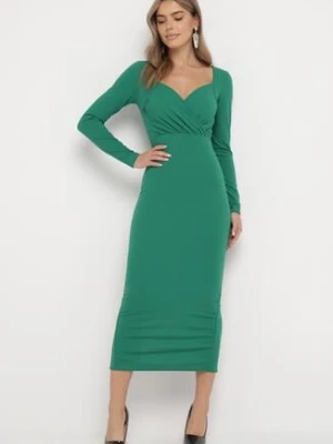 Zielona Dopasowana Sukienka Maxi z Kopertowym Dekoltem Mistena messaya