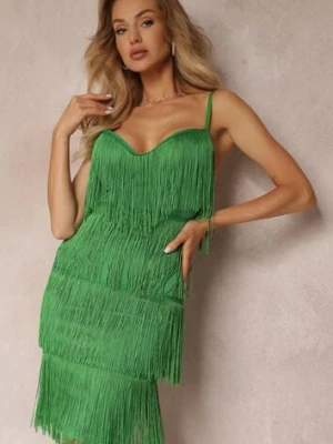 Zielona Dopasowana Sukienka z Frędzlami i Regulowanymi Ramiączkami Losani elsa.m by may