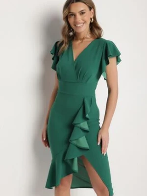 Zielona Dopasowana Sukienka z Kopertowym Dekoltem i Falbankami Leolani