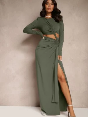 Zielona Dopasowana Sukienka z Rozcięciem z Tyłu Marszczeniem i Wycięciem w Talii Ililia