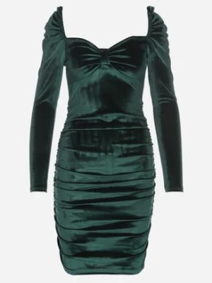 Zielona Dopasowana Welurowa Sukienka Ozdobiona Marszczeniem Sopaliae