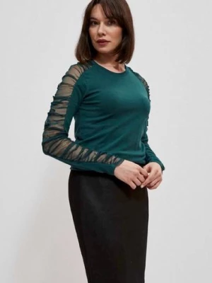 Zielona elegancka bluzka damska z transparentnymi rękawami Moodo
