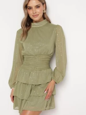 Zielona Elegancka Sukienka z Błyszczącymi Drobinkami i Falbankami Tinaria