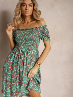 Zielona Hiszpanka Sukienka z Wiskozy w Kwiatowy Wzór z Gumką w Pasie Silemia j&x