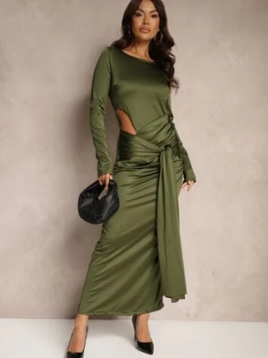 Zielona Koktajlowa Sukienka z Ozdobnym Wycięciem i Wiązaniem Vamicea allyson