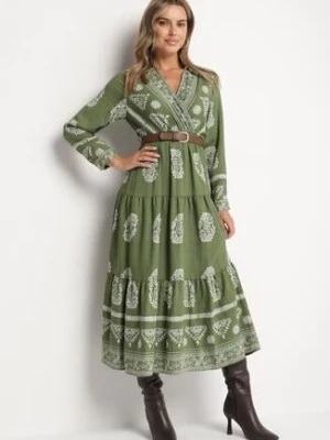 Zielona Kopertowa Rozkloszowana Sukienka z Wiskozą w Etniczny Wzór z Paskiem Mirizia rosa