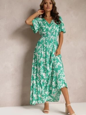 Zielona Kopertowa Sukienka Maxi z Gumką w Pasie i Wiązaniem na Plecach Dangela m&d fashion