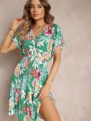 Zielona Kopertowa Sukienka Mini w Kwiaty z Gumkami w Pasie i Falbanką Kellana j&x