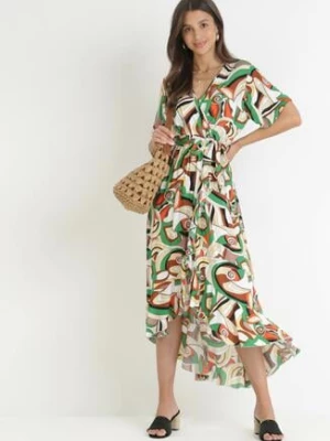 Zielona Kopertowa Sukienka z Gumką w Pasie i Materiałowym Paskiem z Wiskozy Dionienne j&x