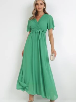Zielona Kopertowa Sukienka z Gumką w Pasie i Plisowaną Górą Davitri