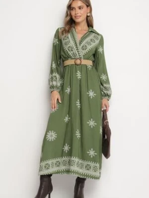 Zielona Kopertowa Sukienka z Wiskozą z Paskiem i Gumką w Talii w Etniczny Wzór Zindoria rosa